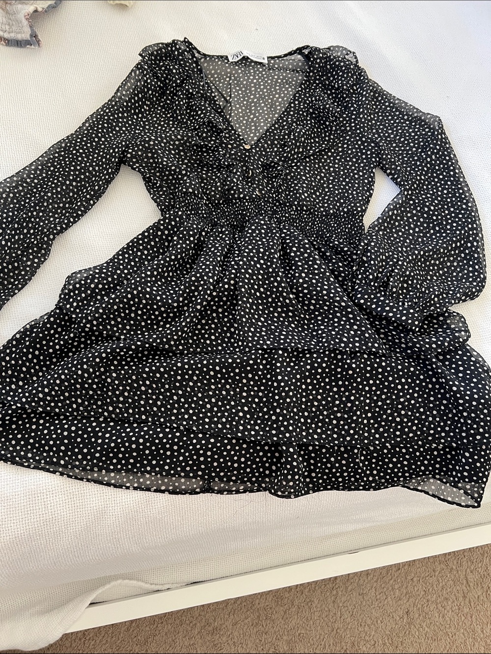 Zara Black and White Polka Dot Long-Sleeve Dress